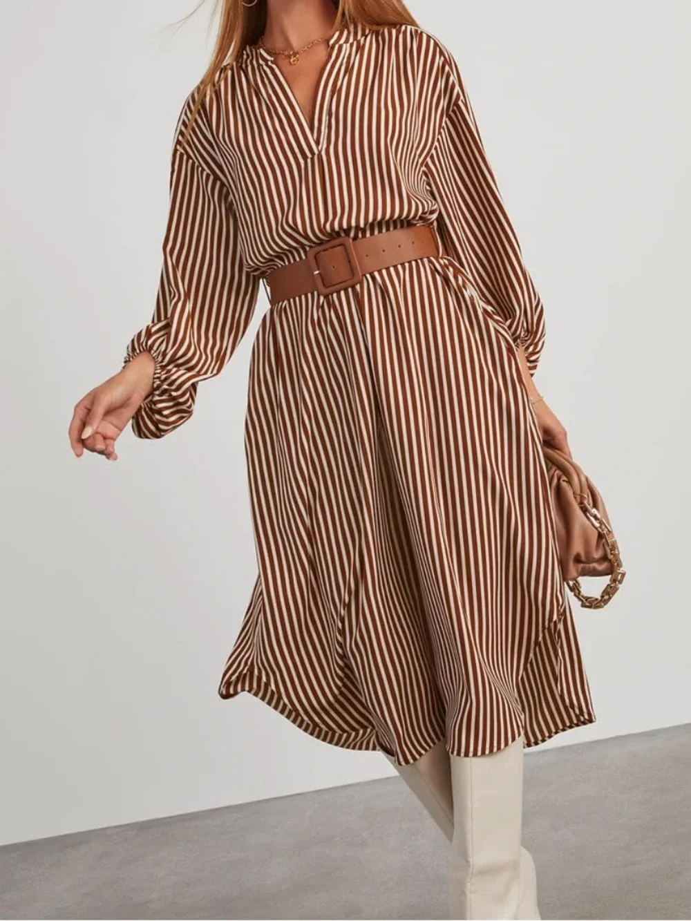 Dimarco Striped Pocketed Belted Midi Dress